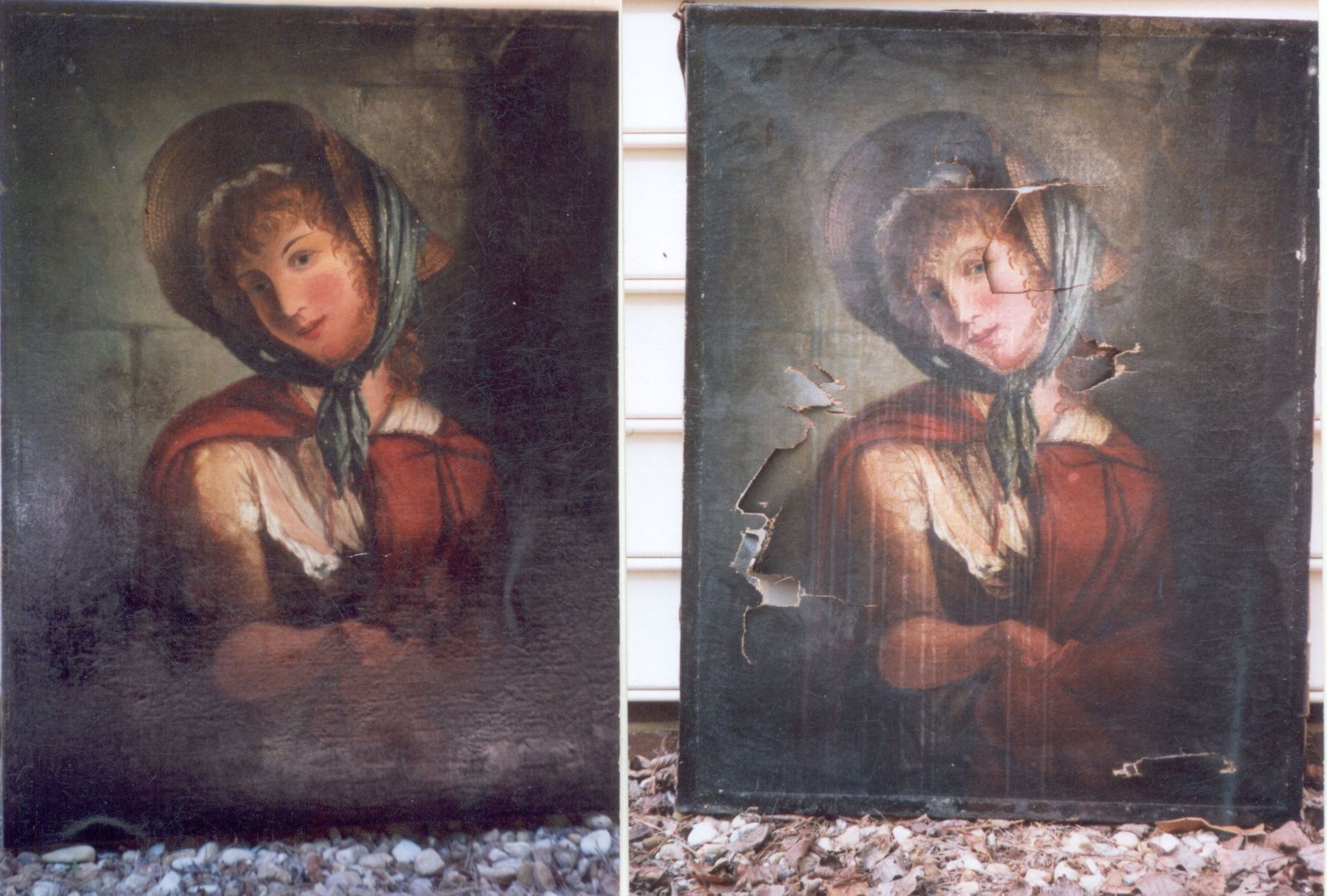 A before and after picture of a painting of a woman wearing a bonnet