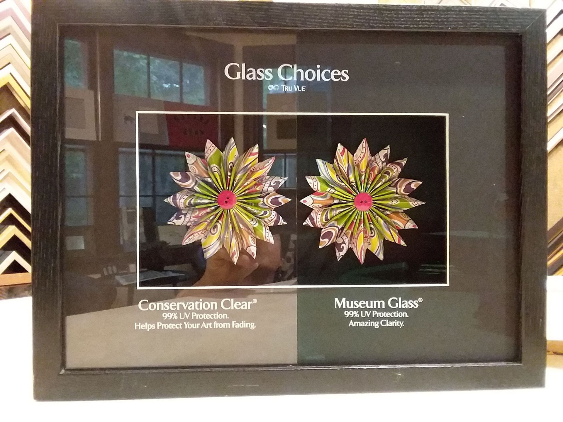 A picture of a flower in a glass choices frame