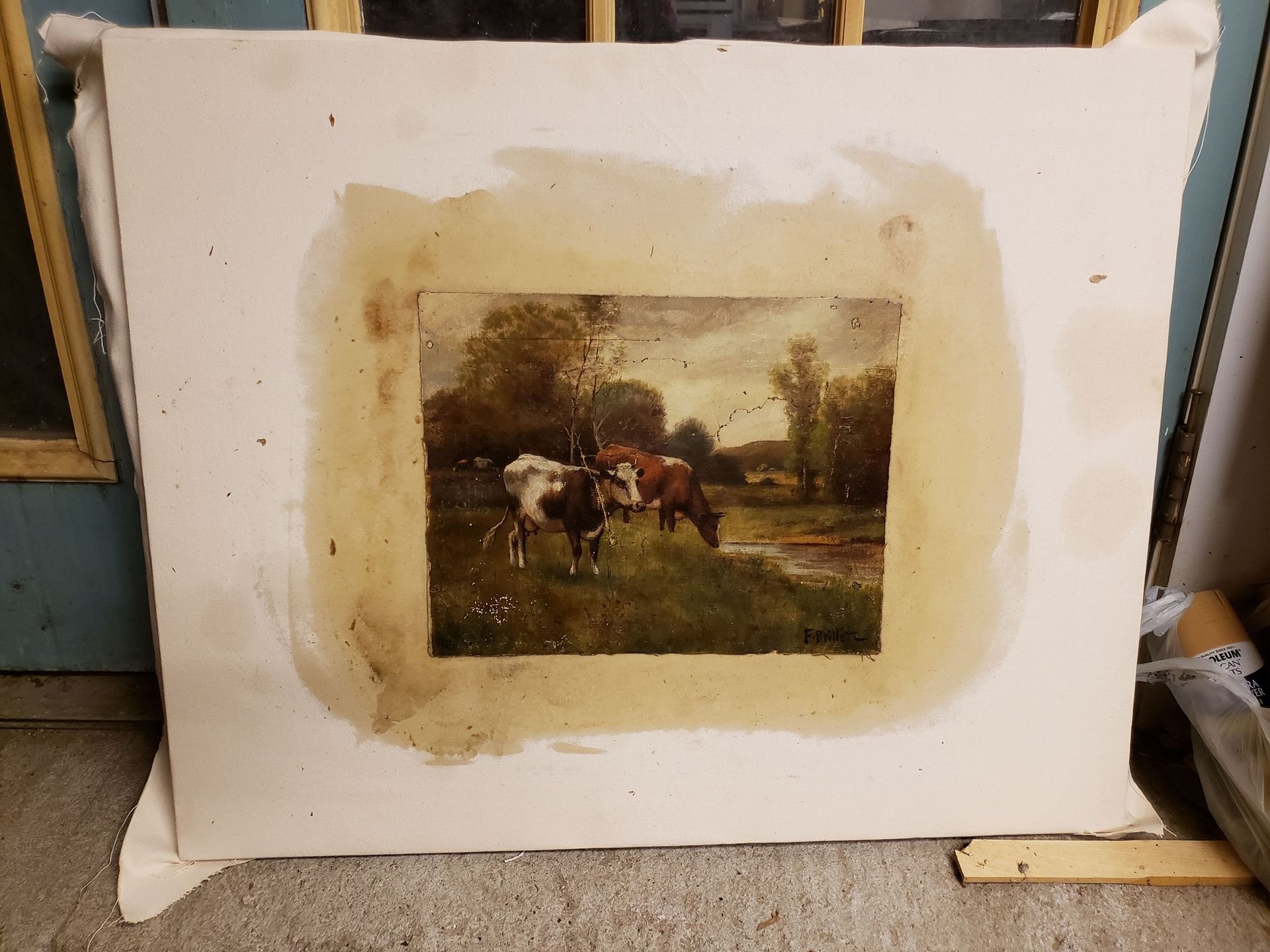A painting of two horses grazing in a field