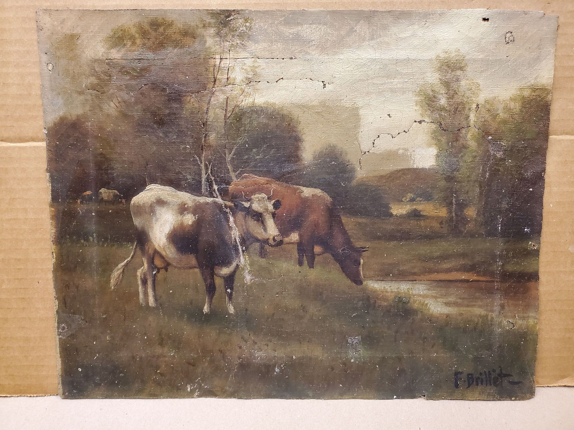 A painting of cows in a field with the name famile on the bottom