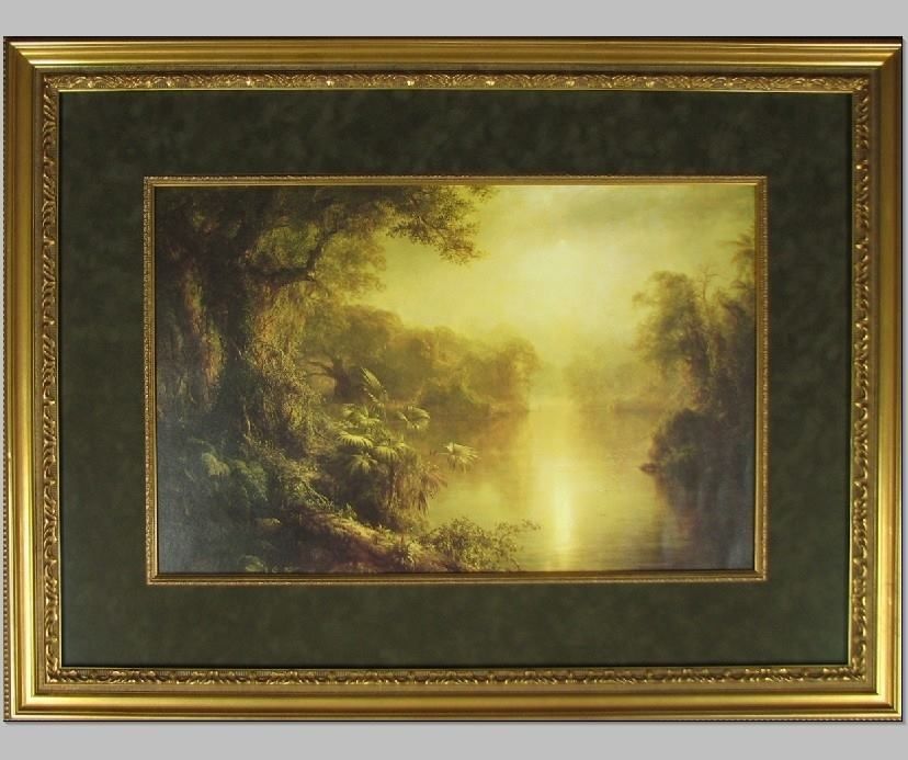 A painting in a gold frame with a green mat