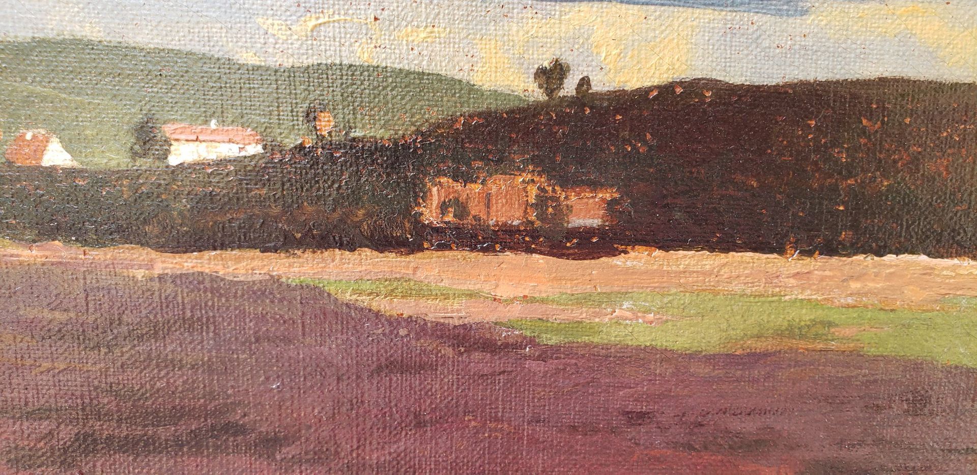 A painting of a landscape with mountains in the background