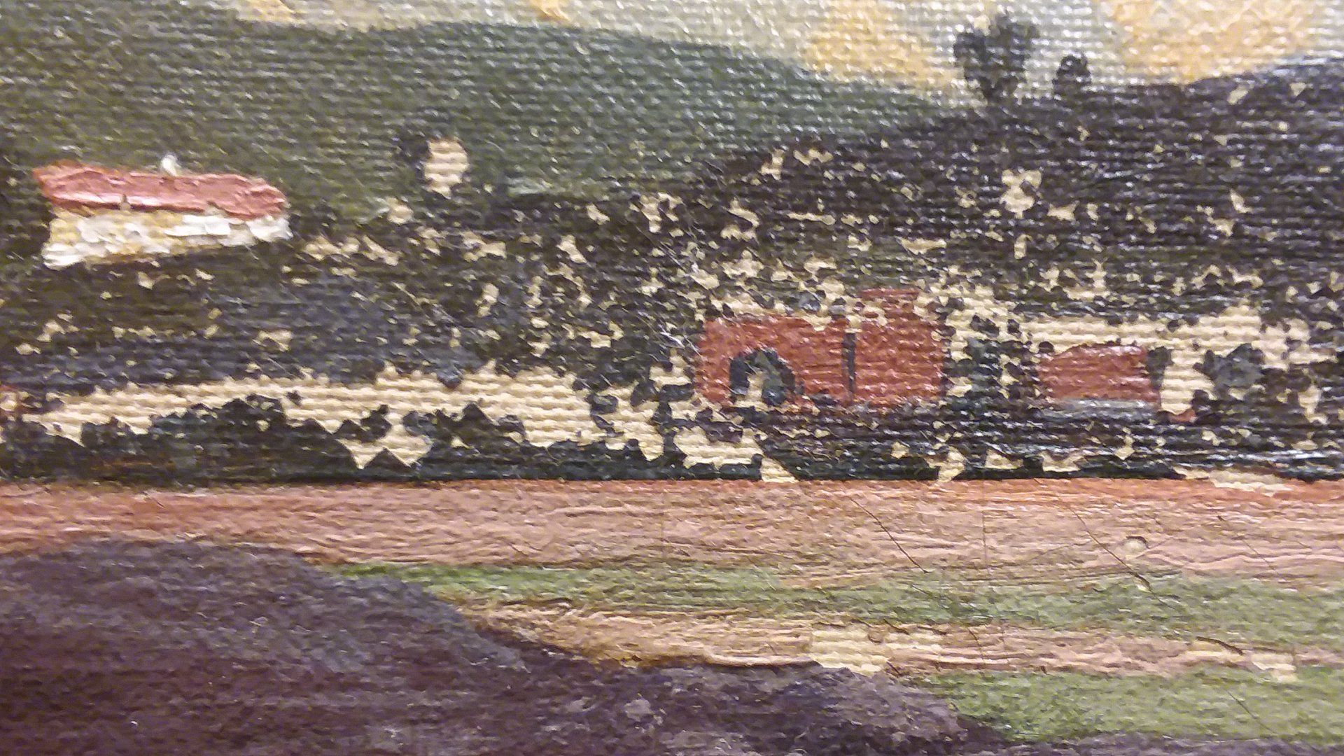 A close-up of a painting of a field with a house in the background