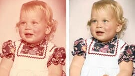 Two pictures of a little girl in a white dress