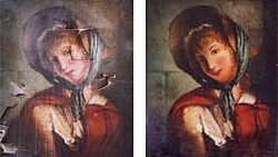Two paintings of a woman wearing a hat and scarf