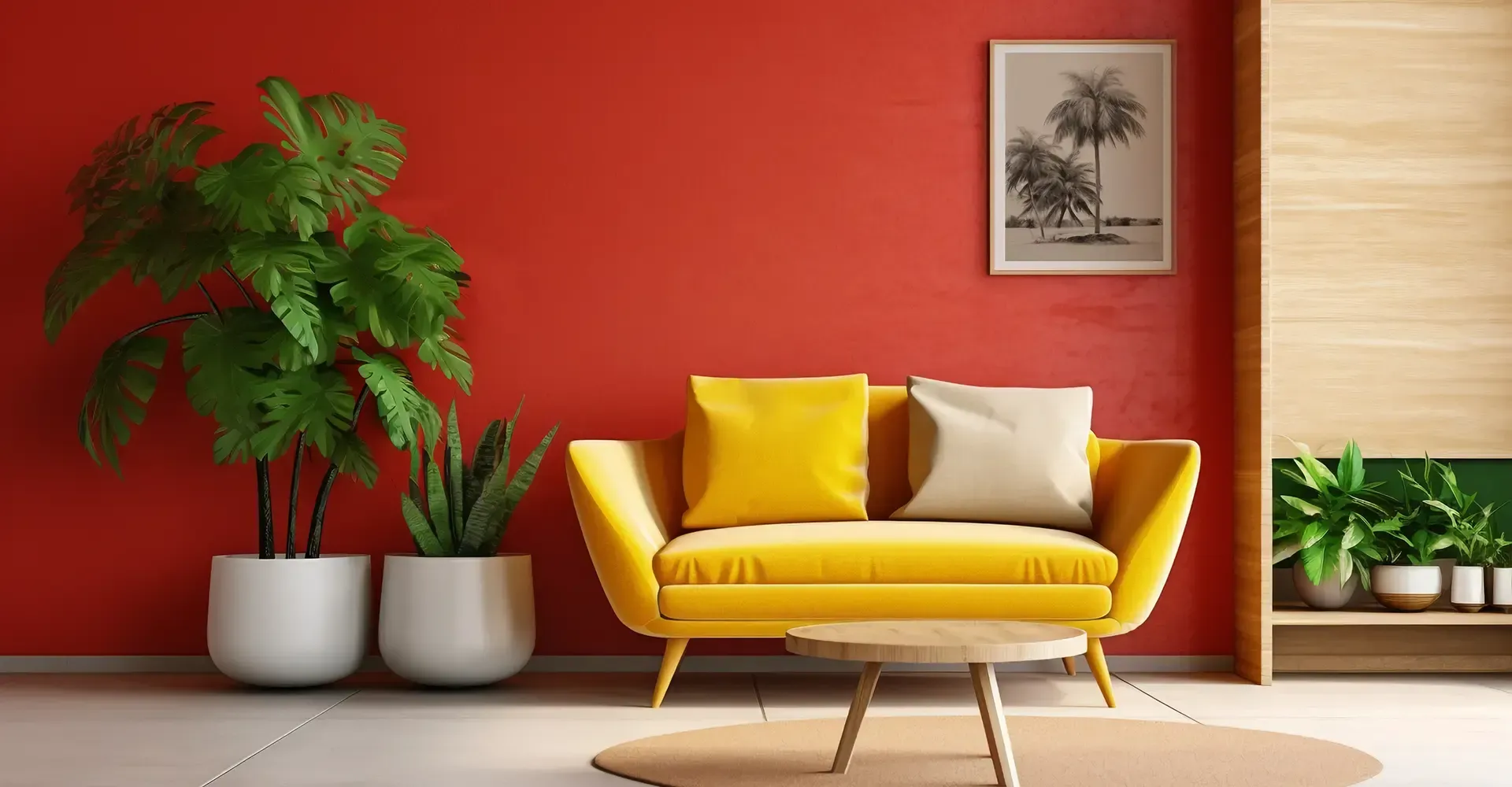 Una sala de estar con un sofá amarillo y paredes rojas.