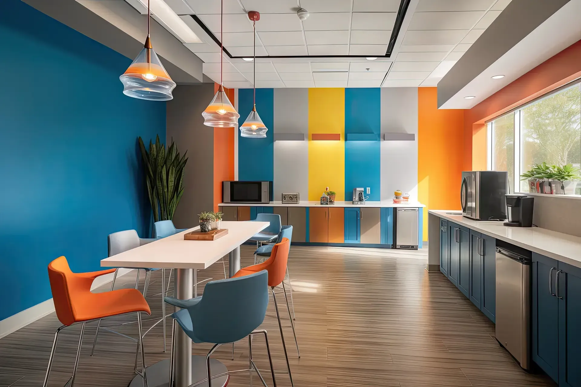 Hay una mesa y sillas en la habitación.