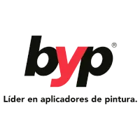 El logo de byp es negro y rojo y dice líder en aplicadores de pintura.