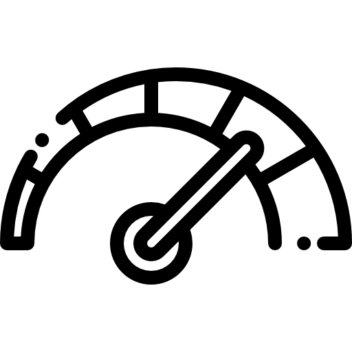 Un icono en blanco y negro de un velocímetro sobre un fondo blanco.