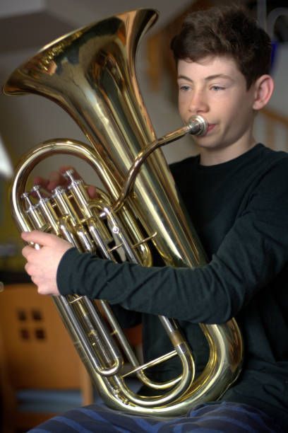 Teen boy rehearsing with the euphonium at home.