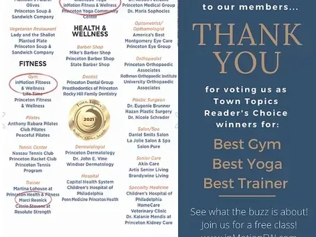 A promotional graphic thanking members for voting InMotion Fitness & Wellness as a Town Topics Reader's Choice winner.