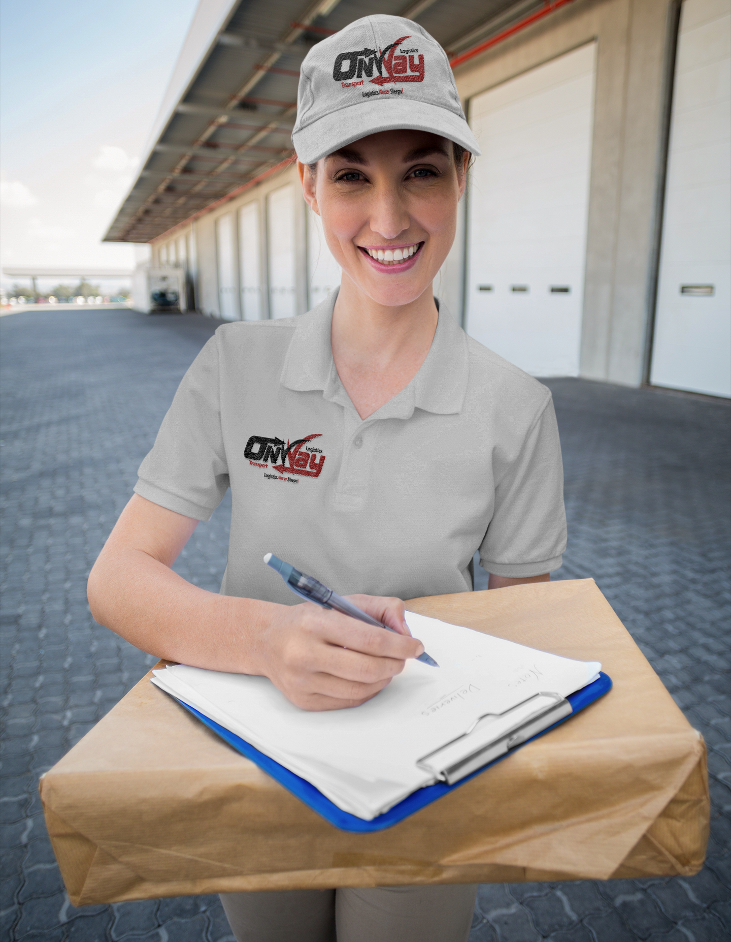 a woman in a polo shirt is holding a box and a clipboard .