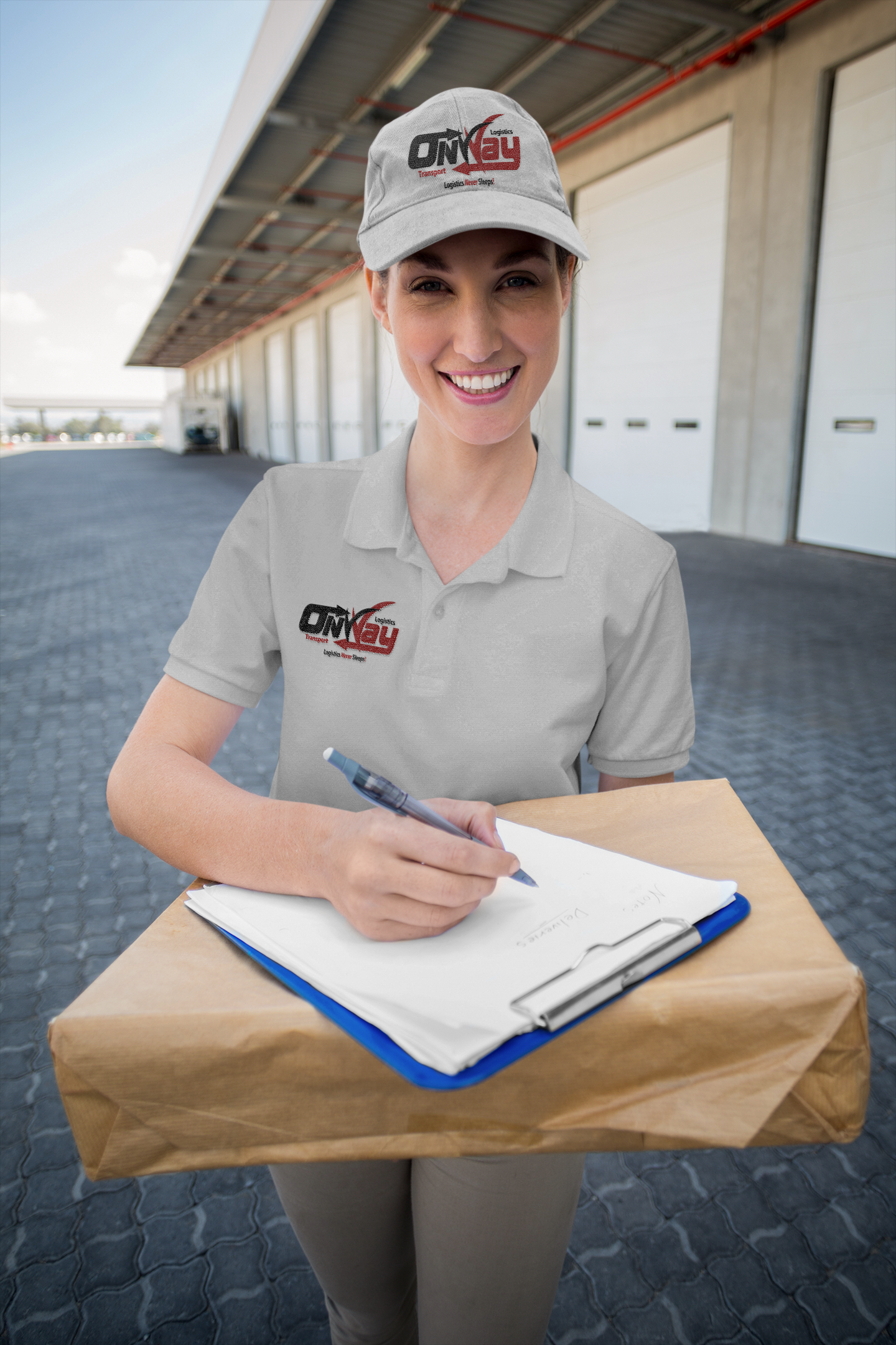 a delivery woman is smiling while holding a package and a clipboard .