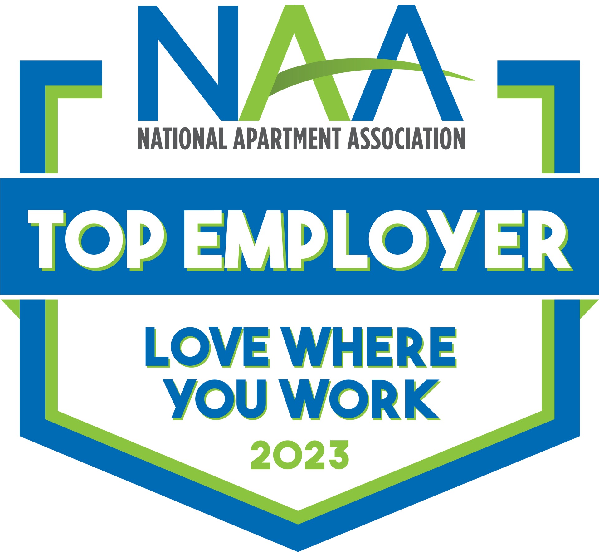 NAA Top Employer 2023 award logo. Blue and green badge with text