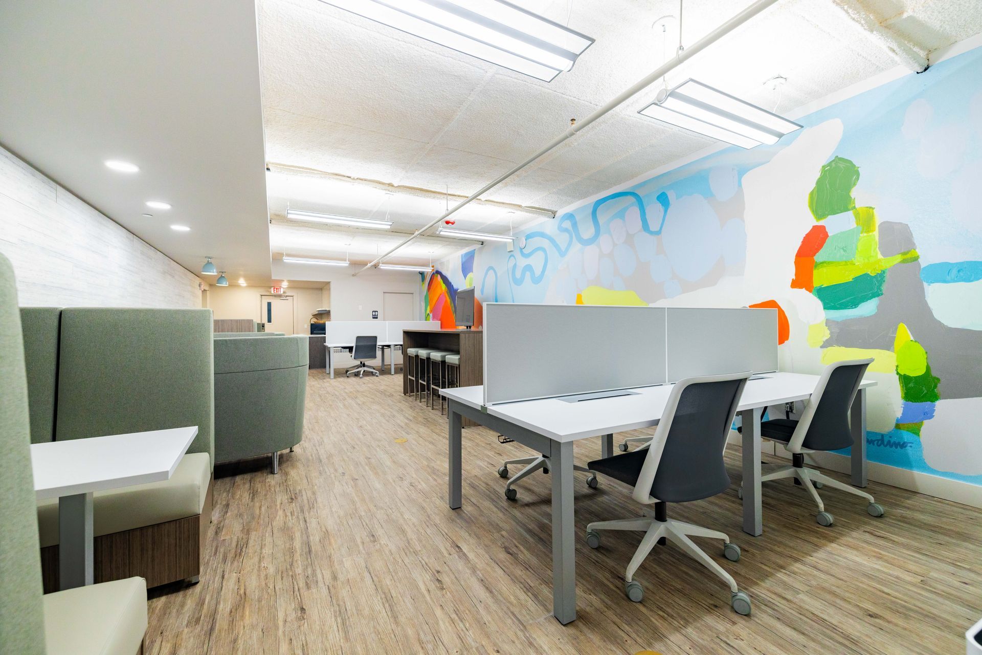 Modern office with cubicles, wood floors, white ceiling lights, and colorful wall mural