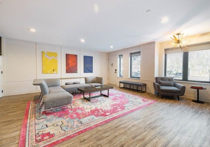 Spacious modern living room with gray furniture, colorful rug, and abstract art on the wall.