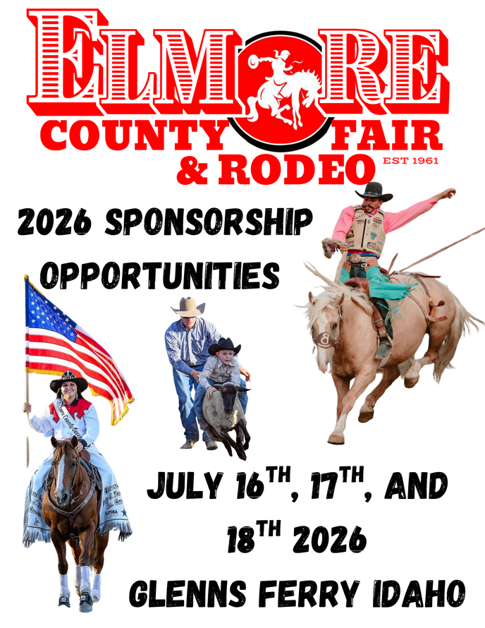 Poster for the Elmore County Fair & Rodeo in Glenns Ferry, Idaho, July 16-18, 2026. Features rodeo riders and the American flag.