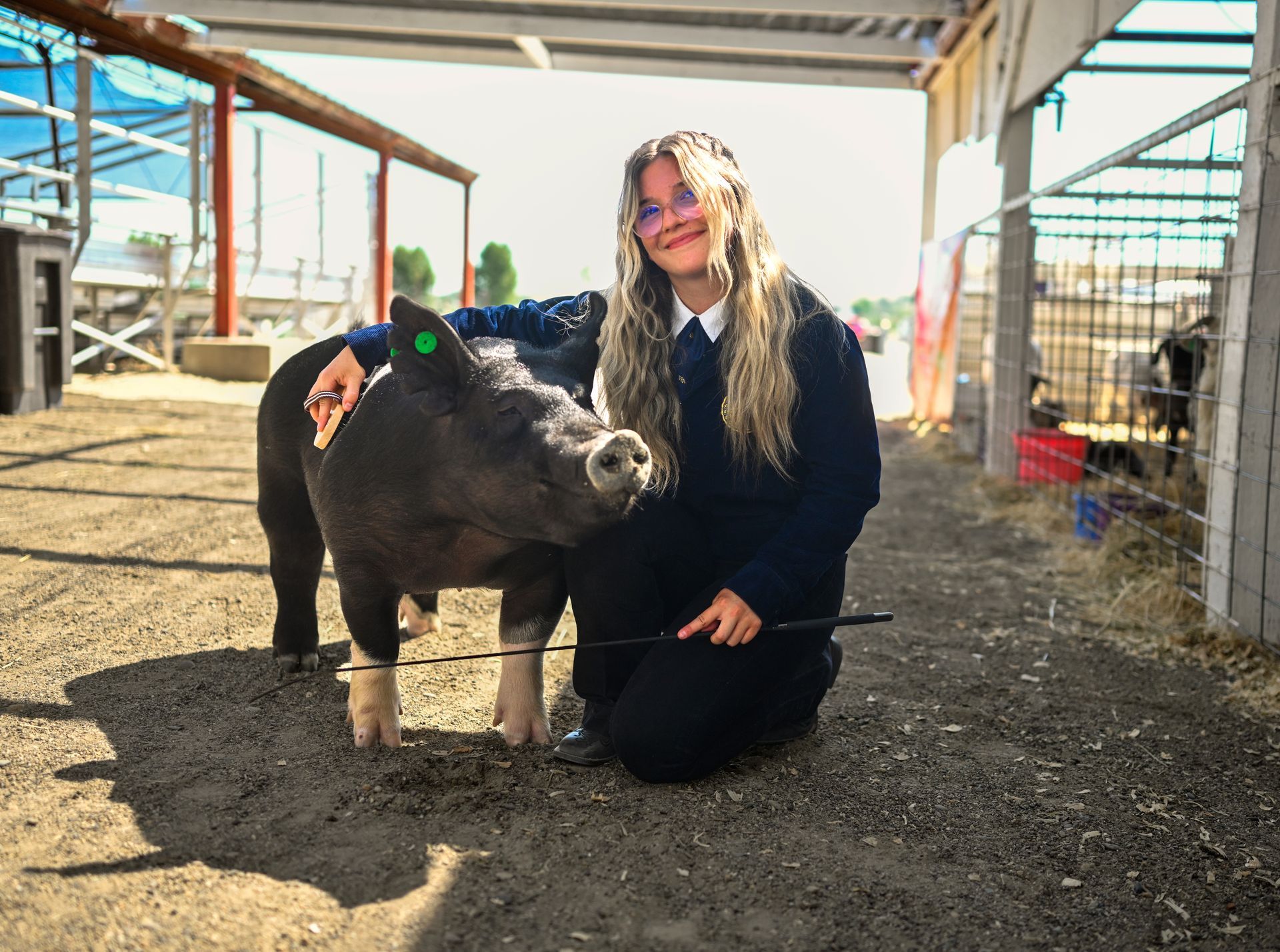 Young girl in a cowboy hat and a pony at fair contest