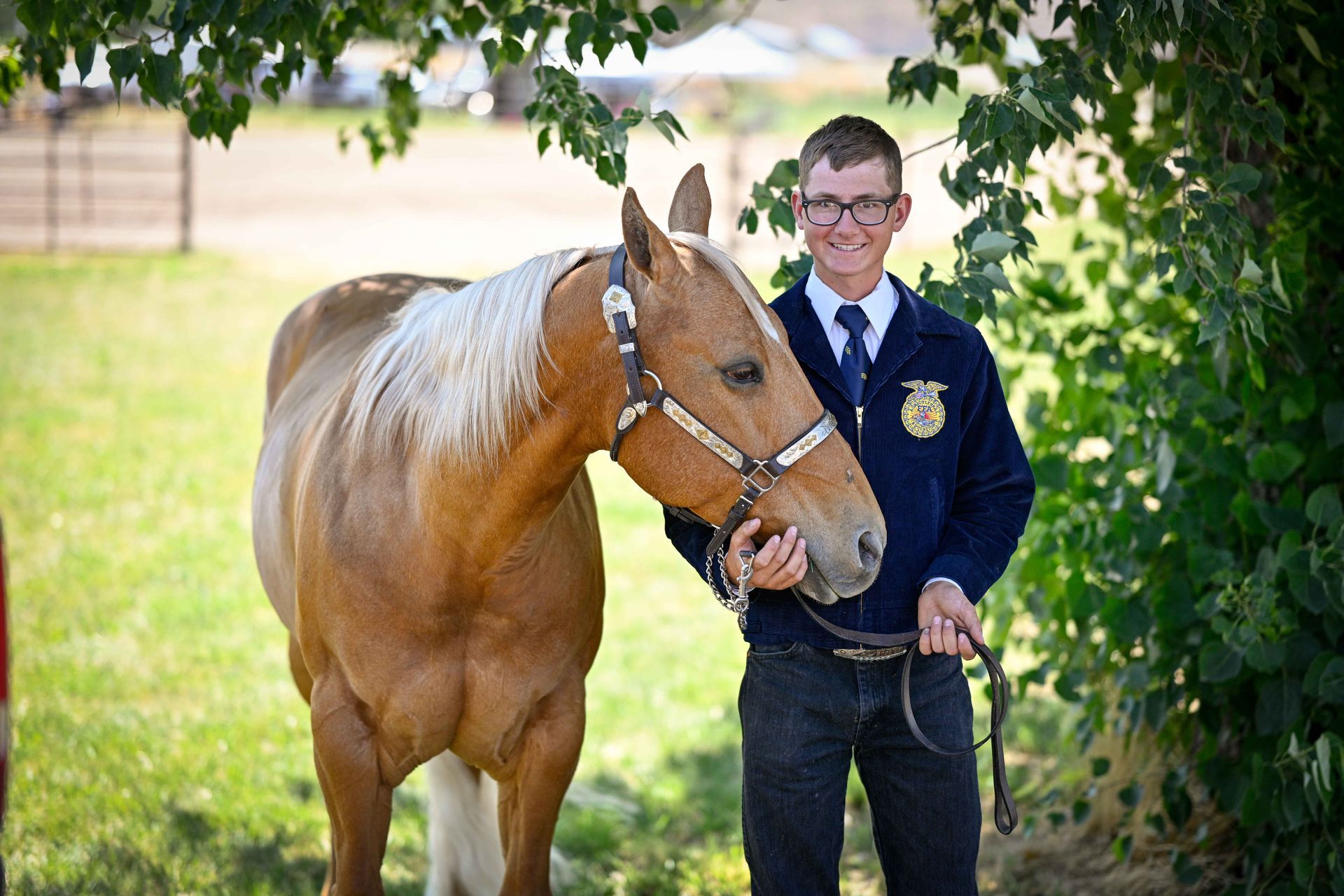 A man in a blue jacket and tie is standing next to a brown horse.