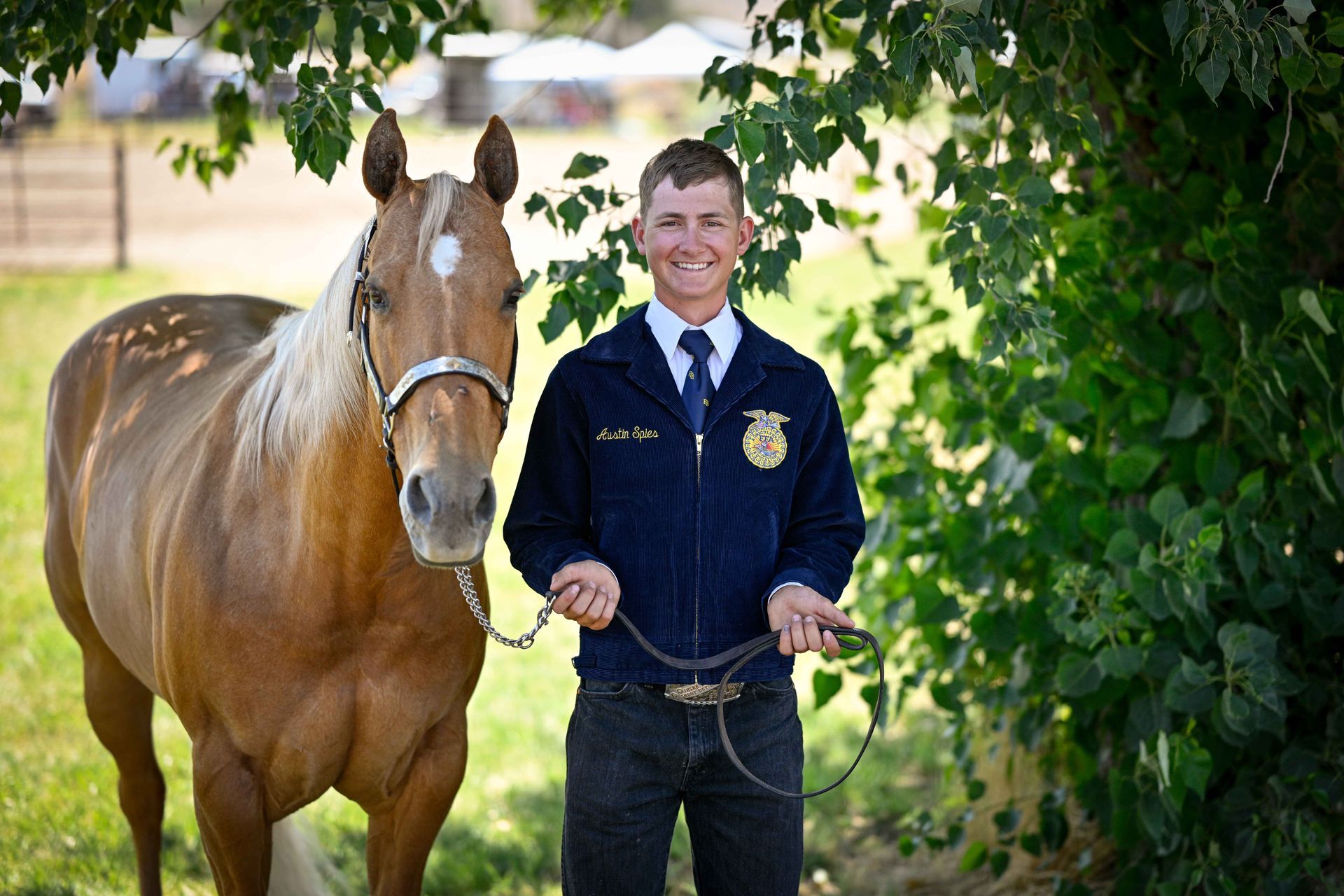 A man is standing next to a brown horse in a field.