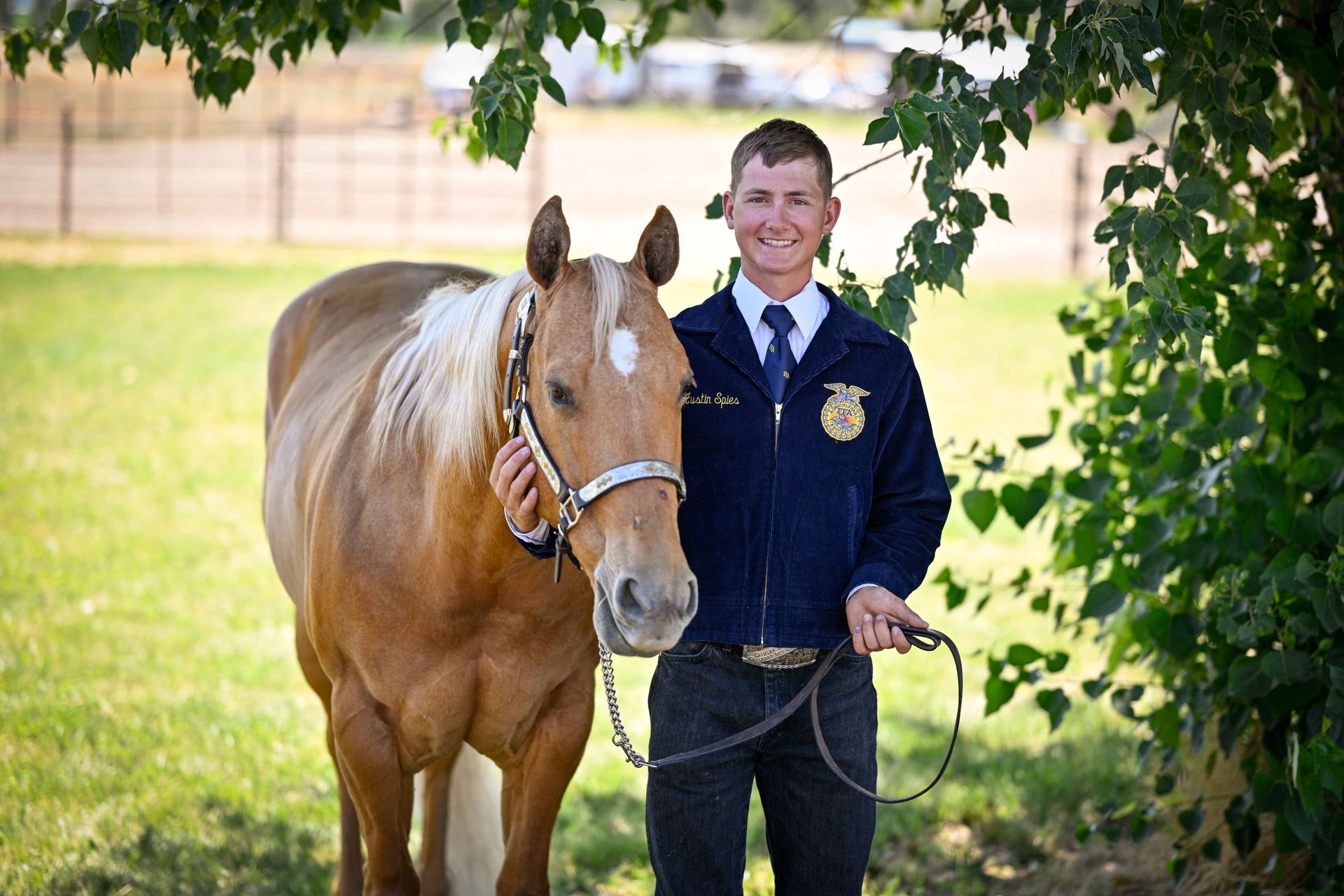 A man is standing next to a brown horse in a field.