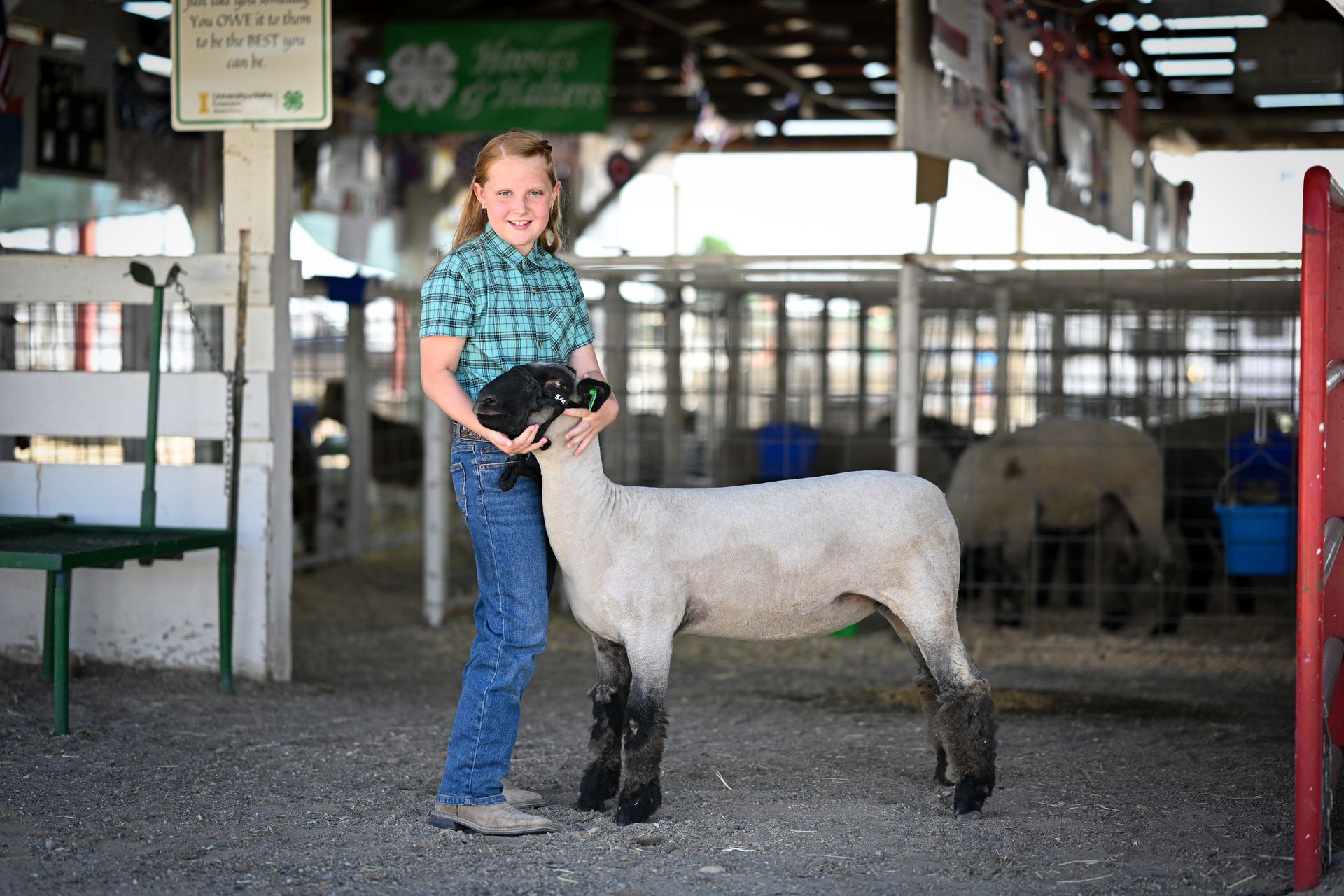 A young girl is holding a sheep at a fair.