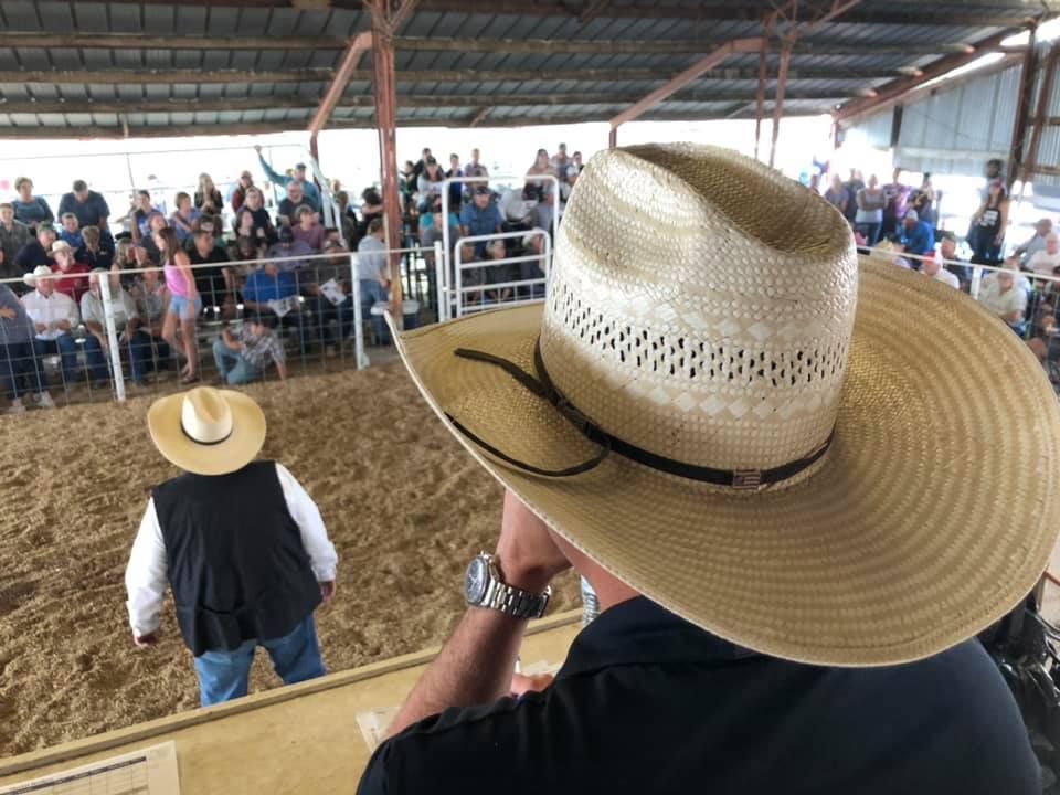 A man wearing a cowboy hat is standing in front of a crowd at a rodeo.