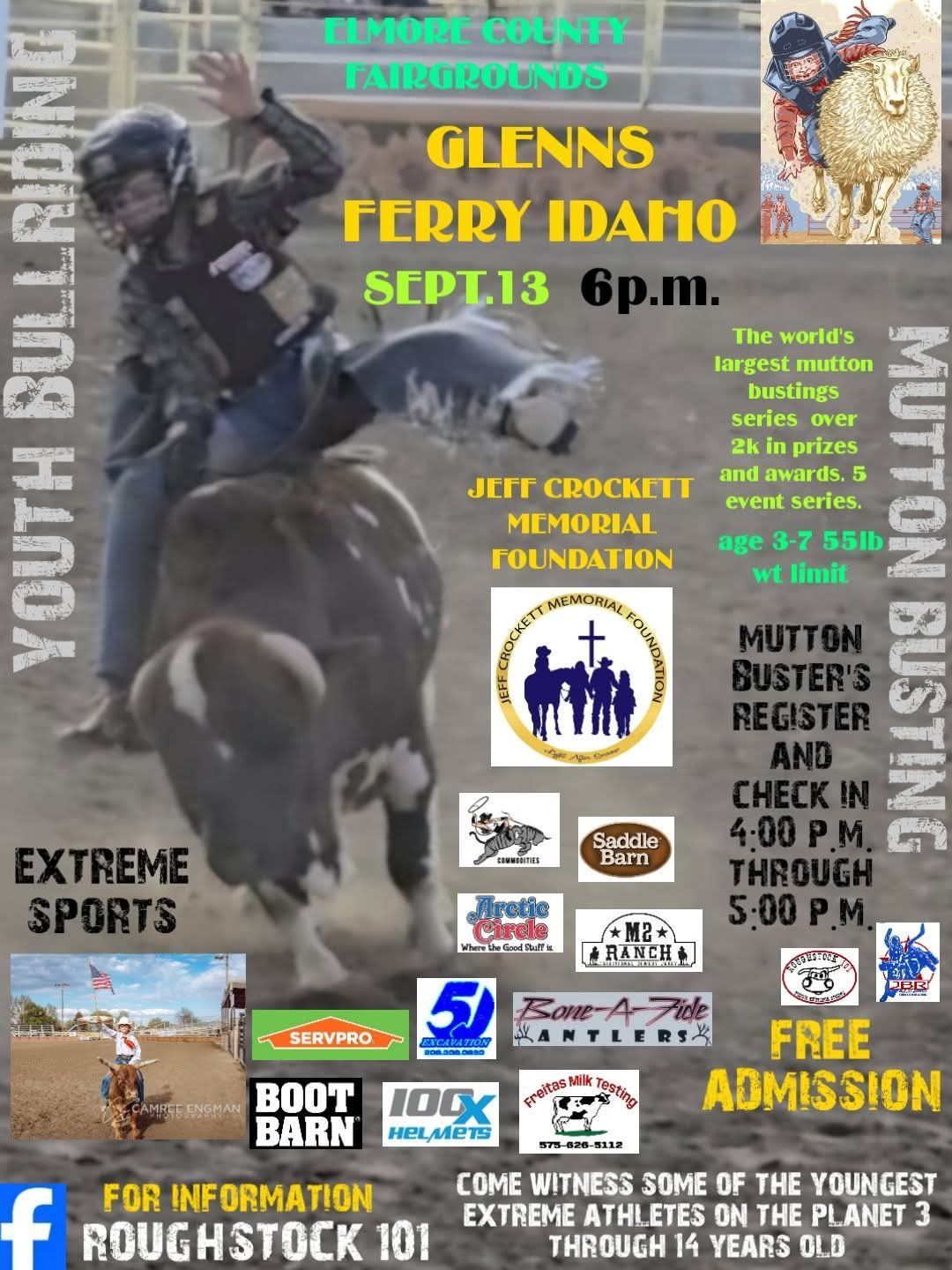 Poster for youth bull riding in Glenns Ferry, Idaho, March 9th. Season opener for IBR Superbull Series.