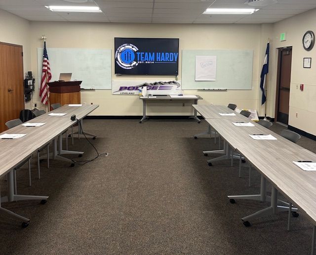 Classroom set up at Loveland Colorado Police Department for a Team Hardy course