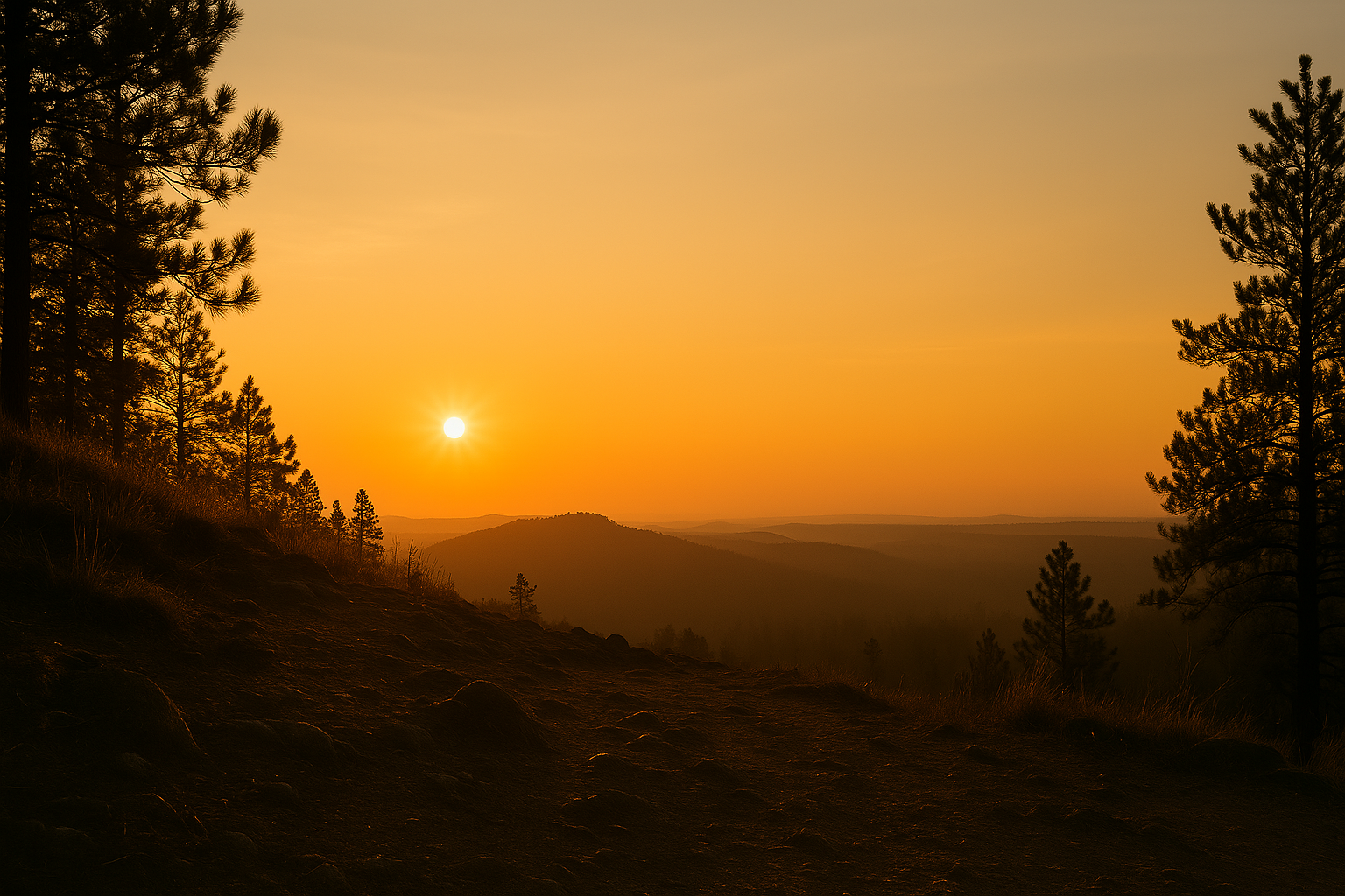 Sunrise over the rugged ridges of the Black Hills, casting golden light through pine trees