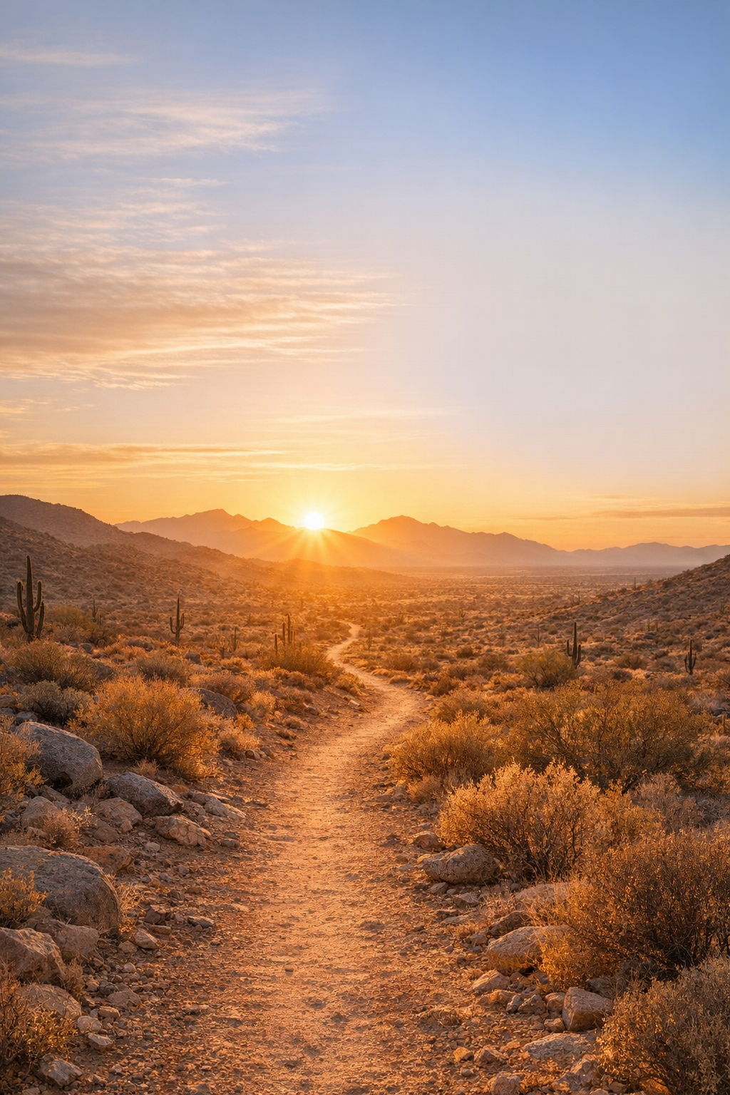 Desert sunrise trail with golden light and saguaro cacti, symbolizing clarity, peace, and movement