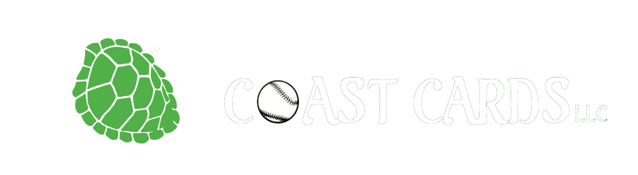 A logo for Coast Cards with a baseball in the name.
