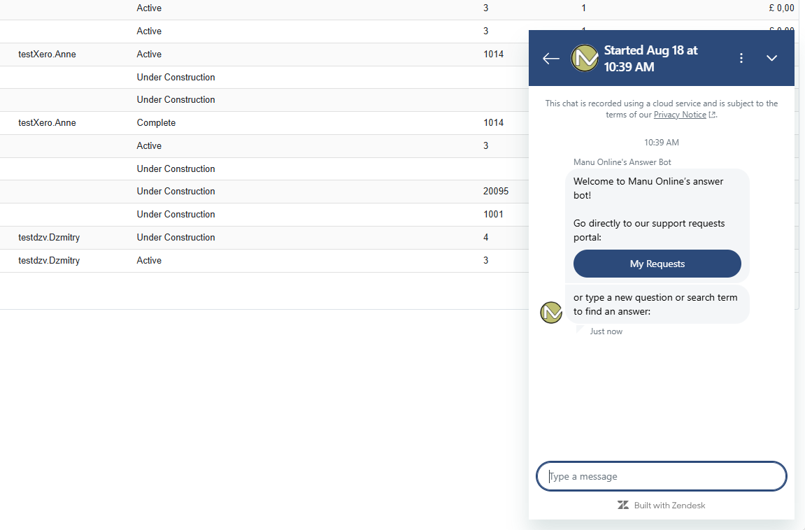 Screenshot of Manu Online embedded chat