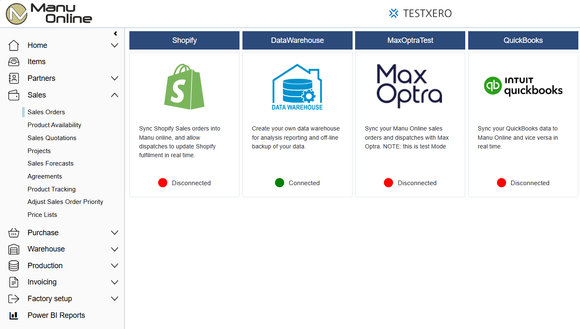 Manu Online with integrations screen showing integrations to Shopify, Datawarehouse, Max Optra and  Intuit QuickBooks, 