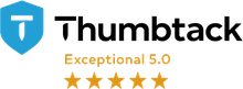 Thumbtack logo with a blue shield and text saying "Exceptional 5.0" with five gold stars.