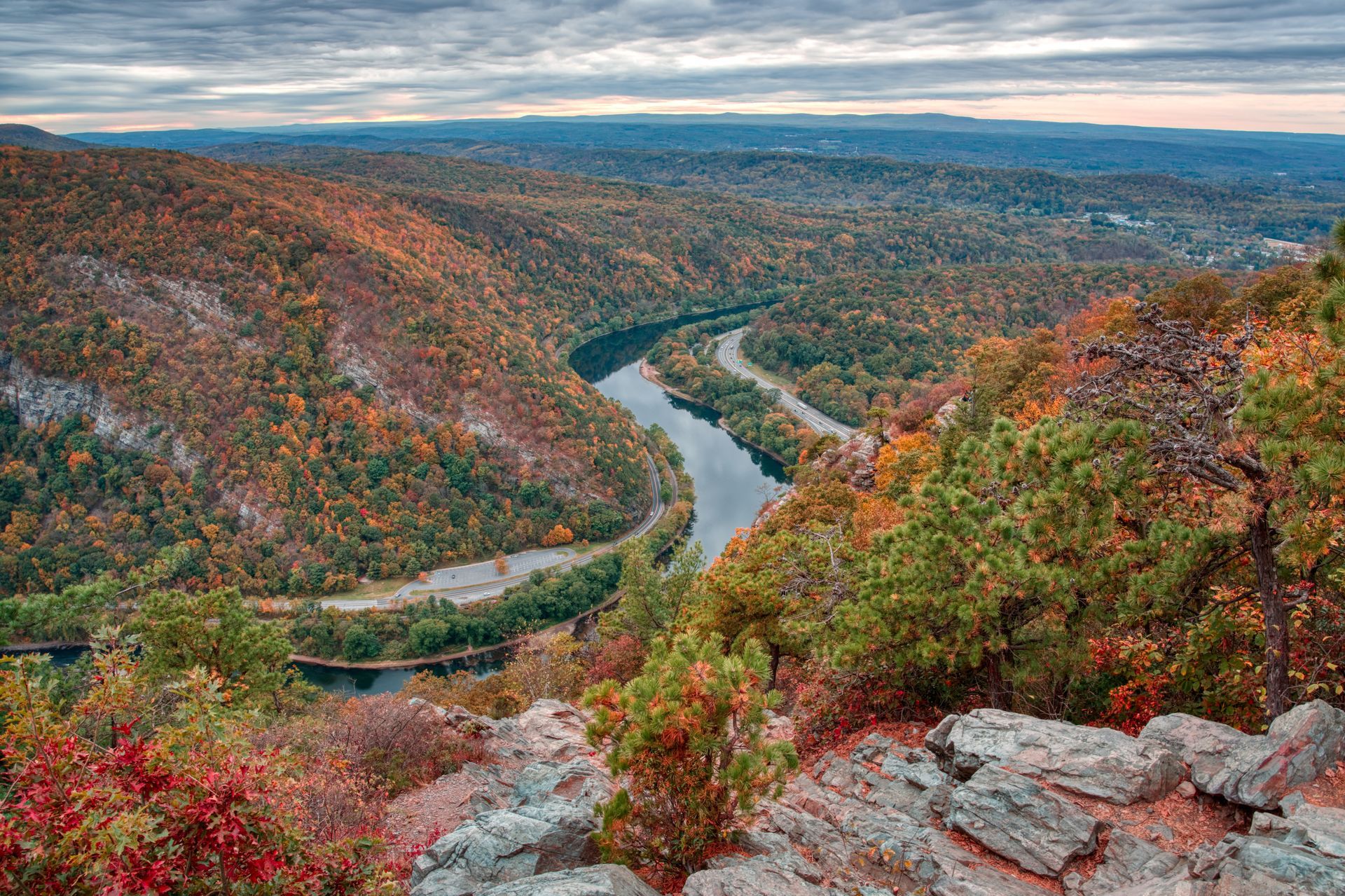 Fall aerial shot of Delaware Water Gap, where Joe Bosco BBQ is located