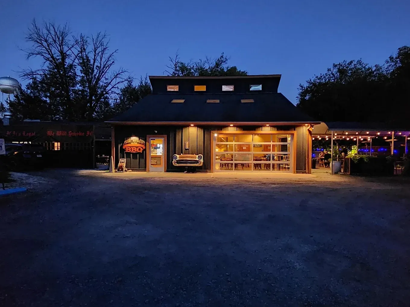 Dark exterior shot of Joe Bosco BBQ