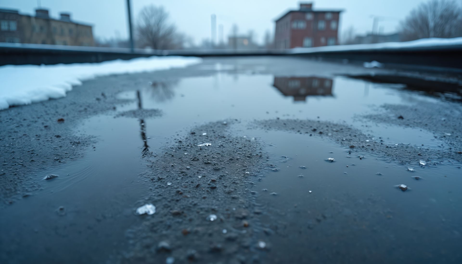 A dark, wet rooftop with patches of melting snow, reflecting a blurry red brick building under an overcast sky.