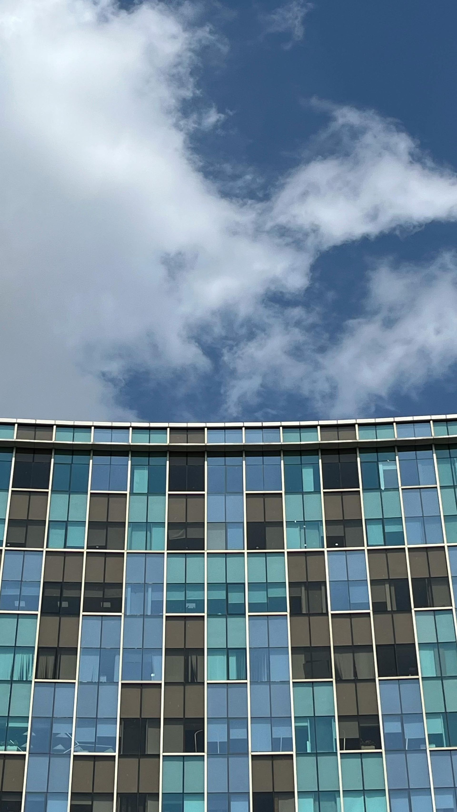 Building facade with a checkered pattern of blue and brown windows against a blue sky with clouds.