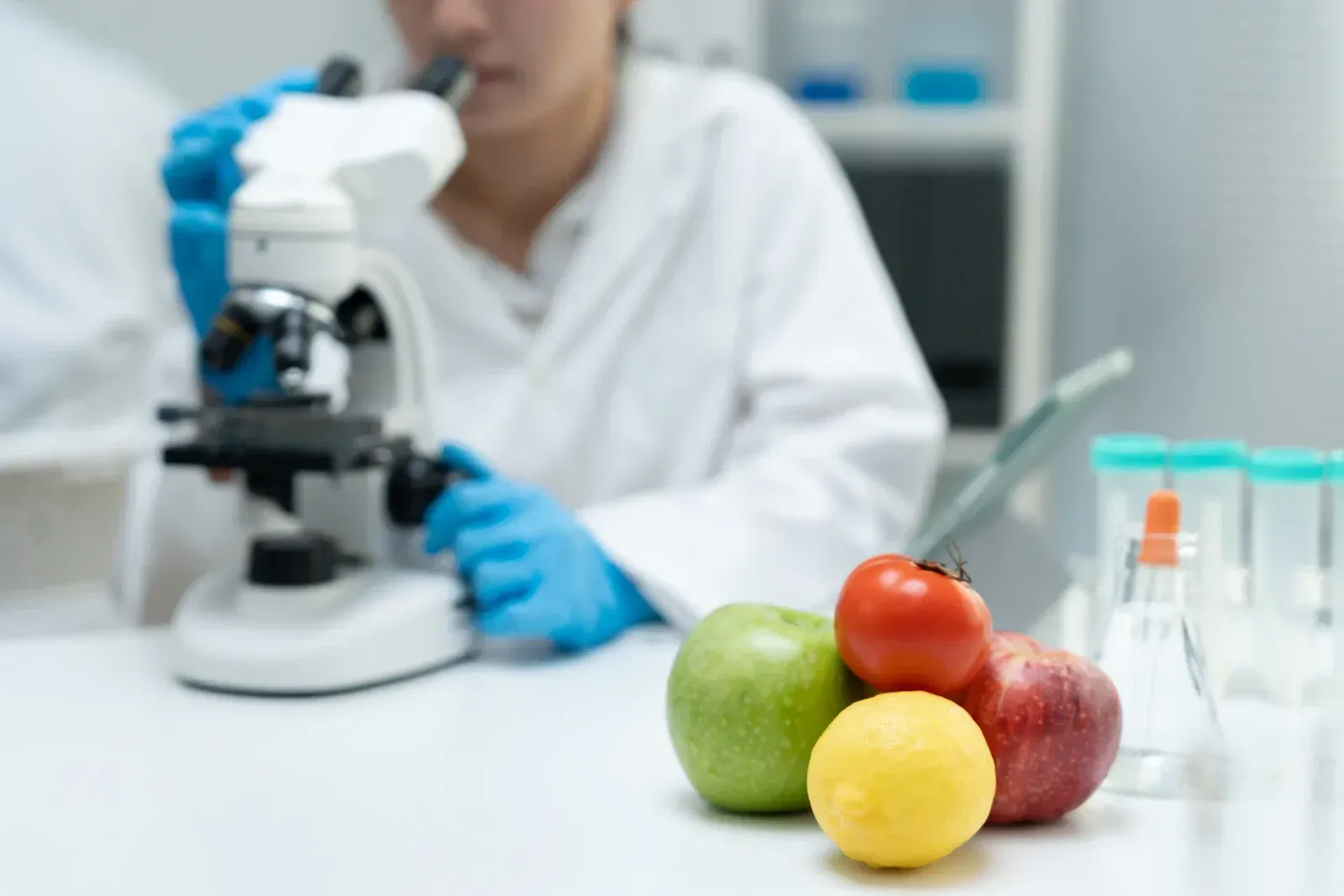 Scientist in lab coat uses a microscope, fruits (apple, tomato, lemon) in front.