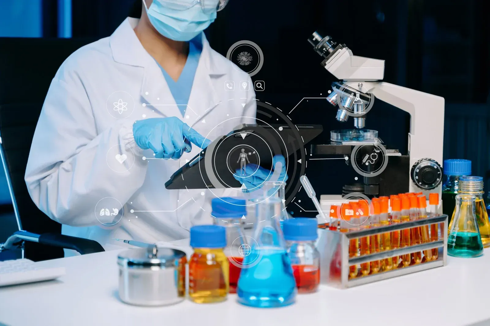 Lab worker in white coat with microscope, test tubes, and digital overlay, studying samples.