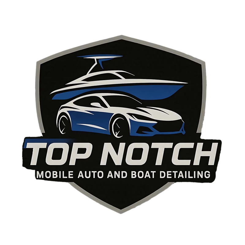Logo: black shield with a boat and a car, blue and white, with "Top Notch" and "Mobile Auto and Boat Detailing".