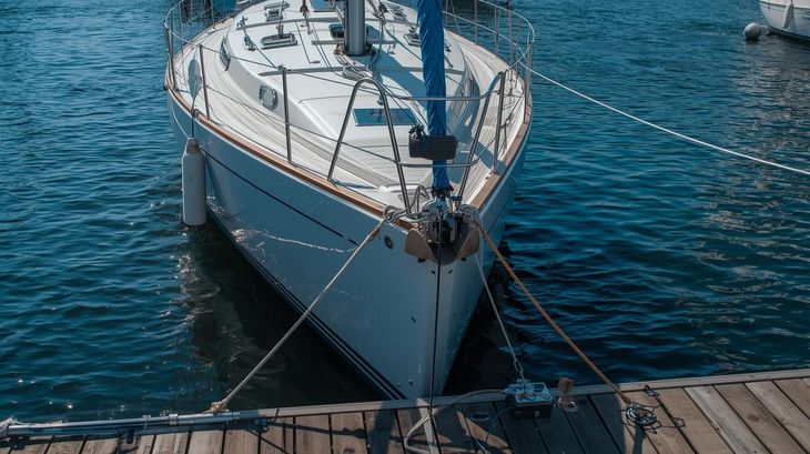 Sailboat docked at a wooden pier with blue water and sky.
