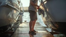 Person rinsing off between two boats on a wooden dock at sunset.