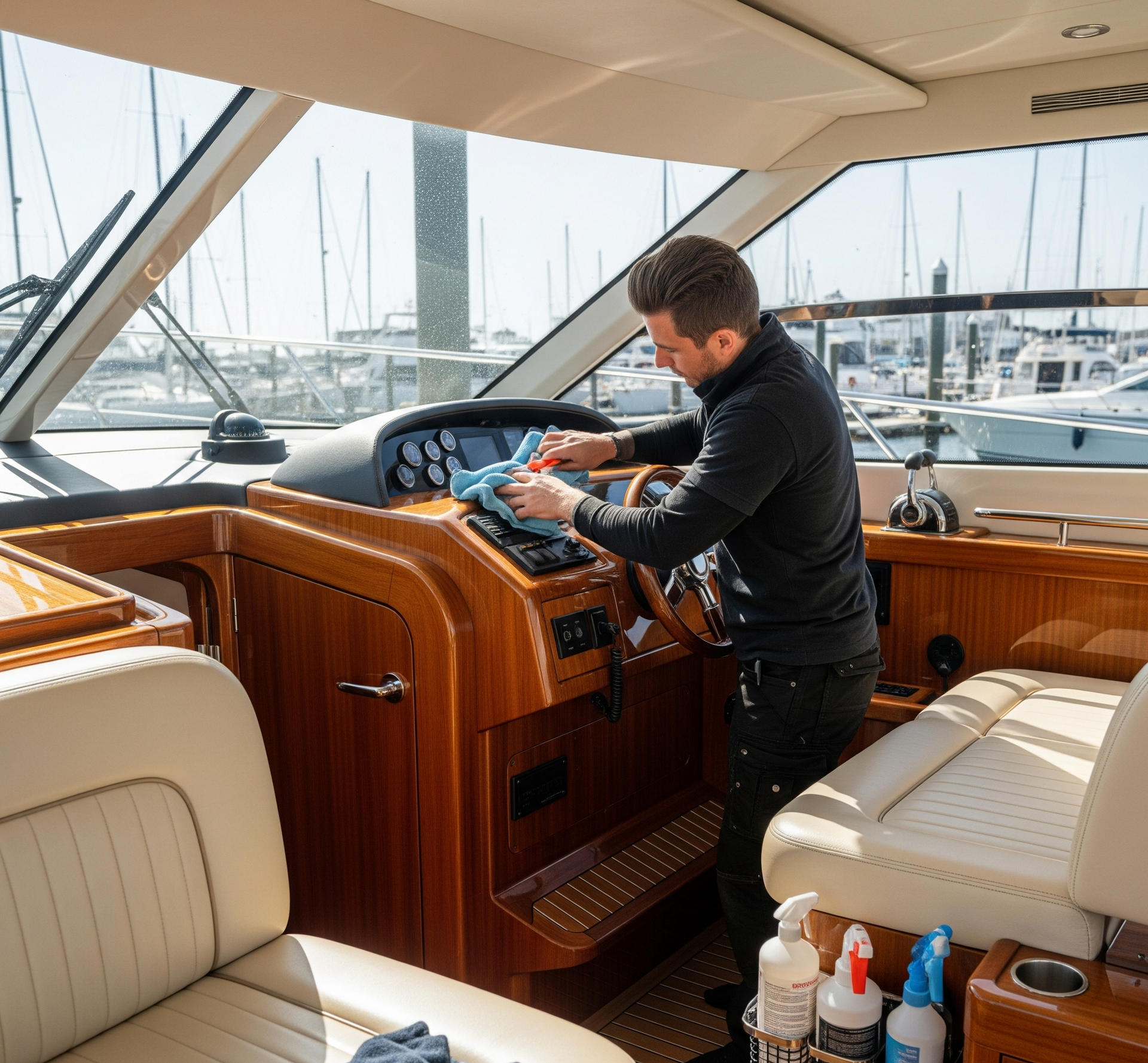 Man cleaning the interior of a boat. He is wiping the dashboard with a cloth. Sunny outdoor setting with other boats in the background.
