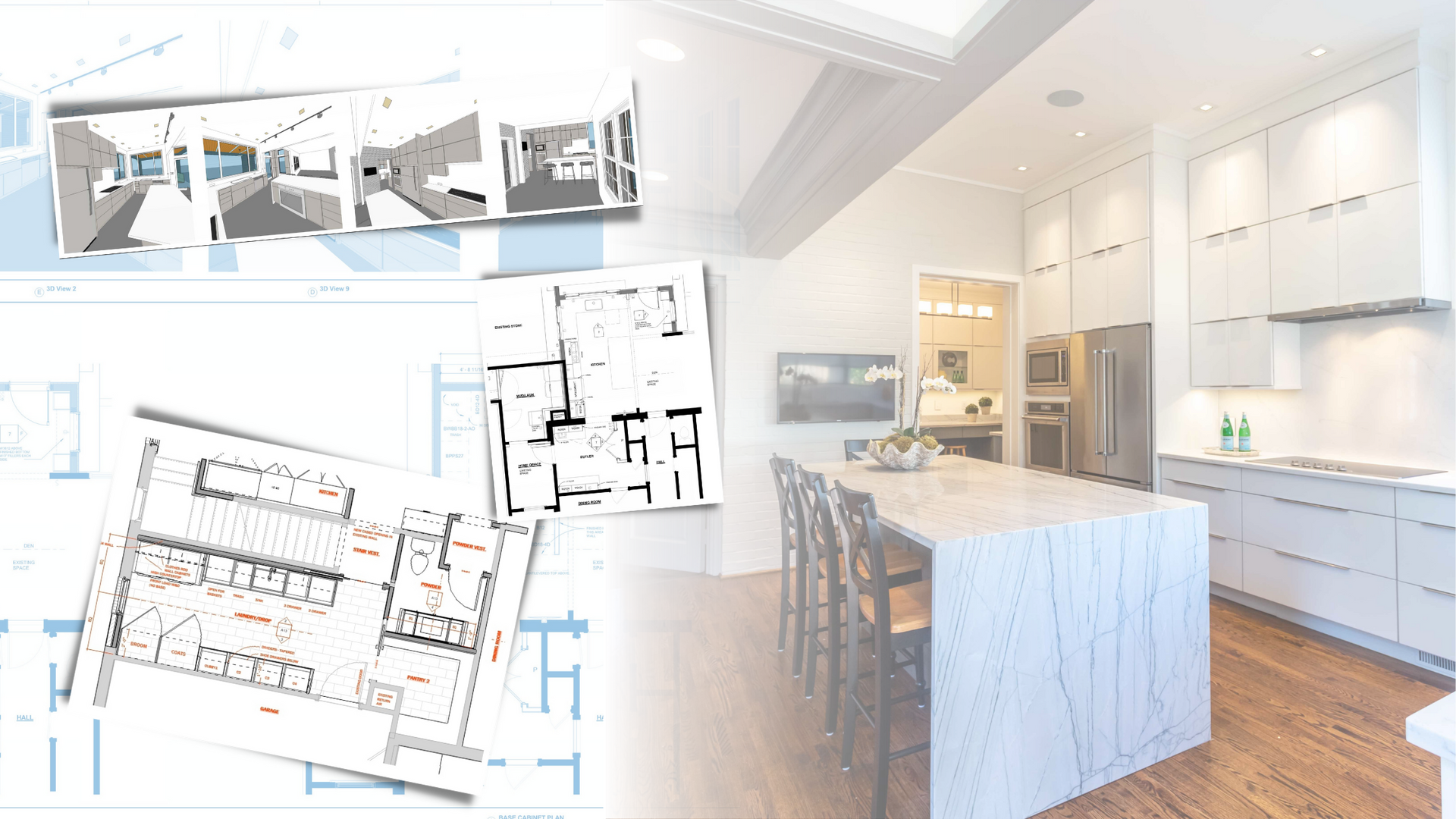Architecture vs. Interior Design represented with a blueprint of a kitchen with a large island