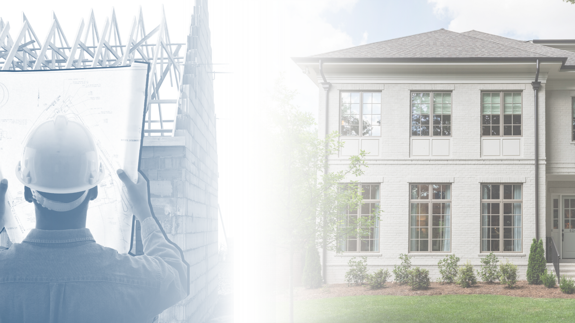 a man wearing a hard hat is looking at a blueprint of a house .