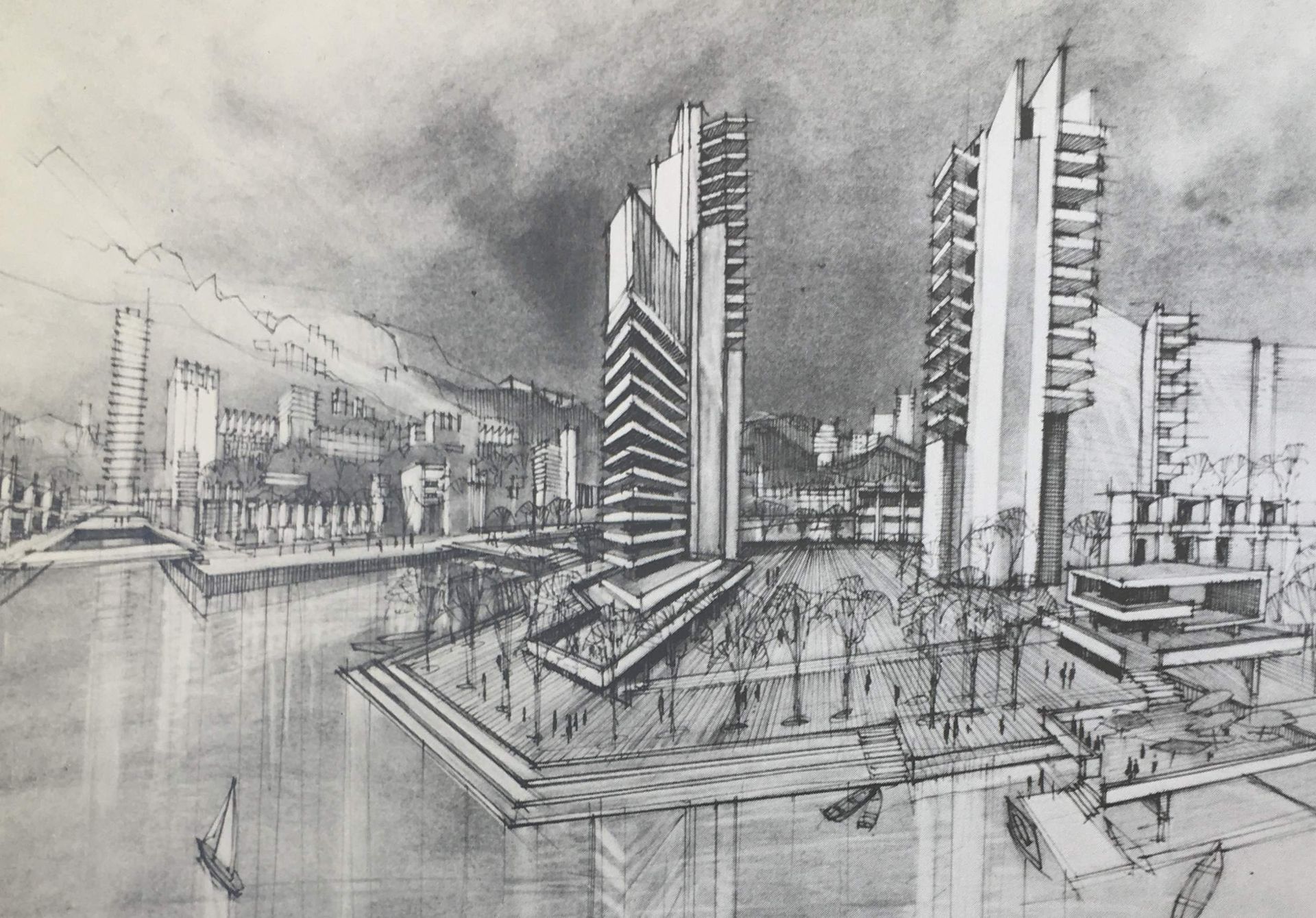 a black and white drawing of a city with tall buildings