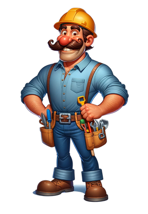 Cartoon construction worker in blue overalls, yellow hard hat, and tool belt, standing hands on hips.