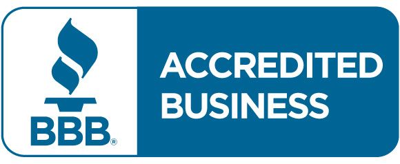 A blue sign that says accredited business on it